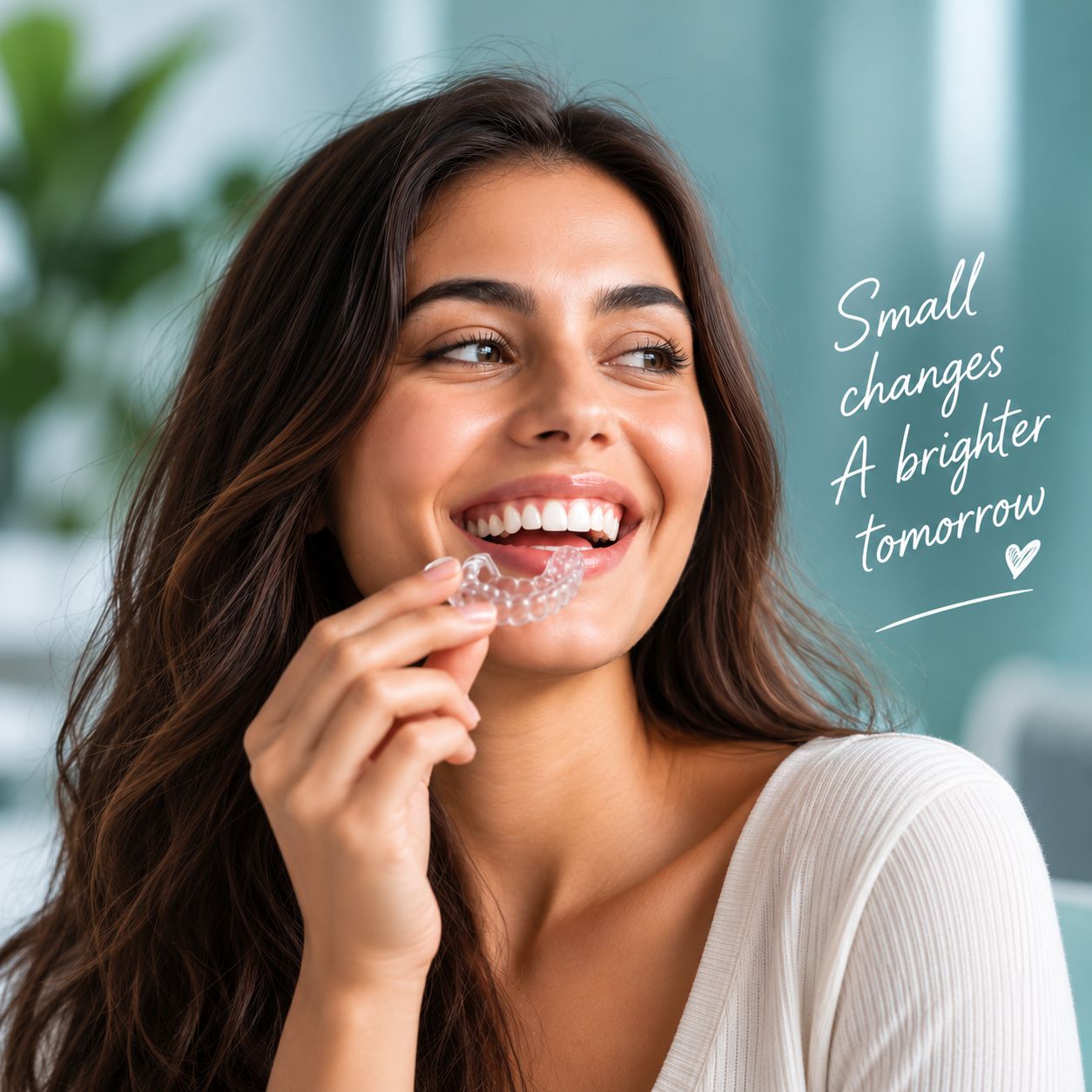 Smiling woman holding a clear Invisalign aligner